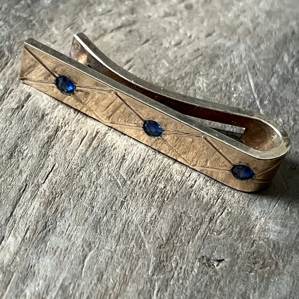 vintage 60's tie clip marked with 3 blue stones